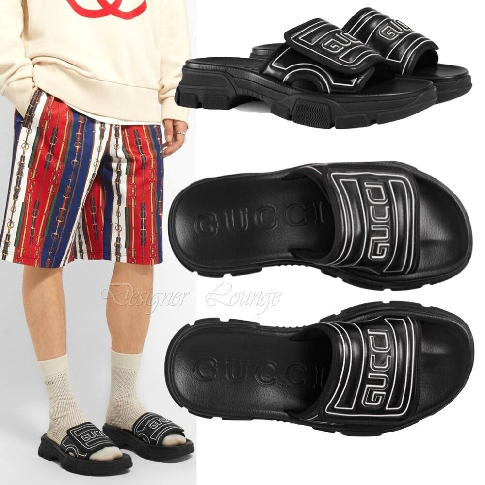 NEW GUCCI Aguru Black Leather & Rubber Logo Sandals Slides G 11 / US 11.5